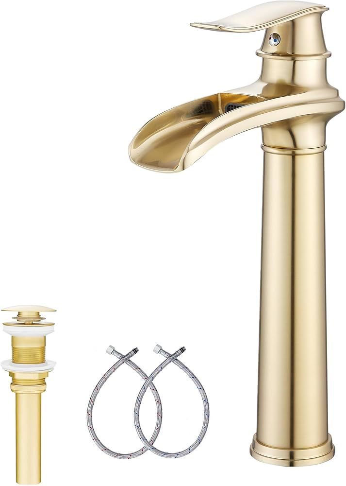 Brushed Gold Bathroom Faucet GGStudy Single Handle 1 Hole Farmhouse Waterfall Bathroom Vessel Sin... | Amazon (US)