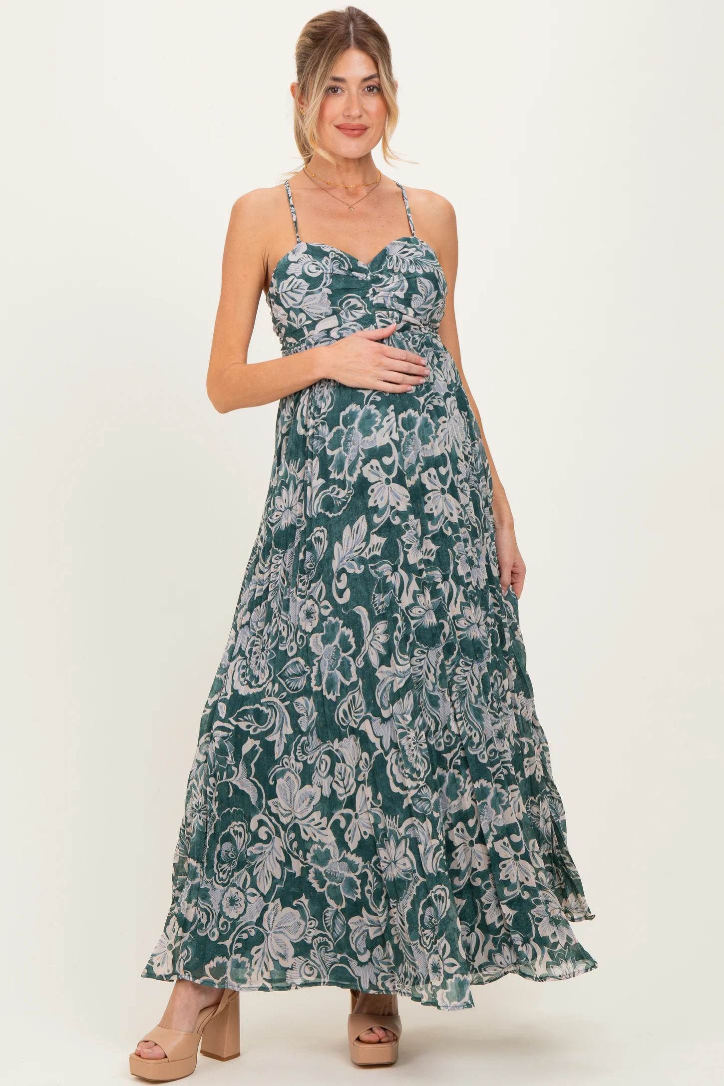 Teal Floral Sleeveless Maternity Maxi Dress | PinkBlush Maternity