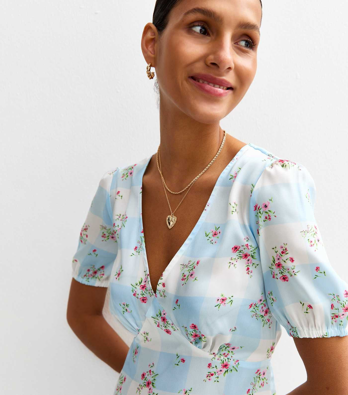 Blue Checked Floral Print Satin Midi Dress | New Look | New Look (UK)