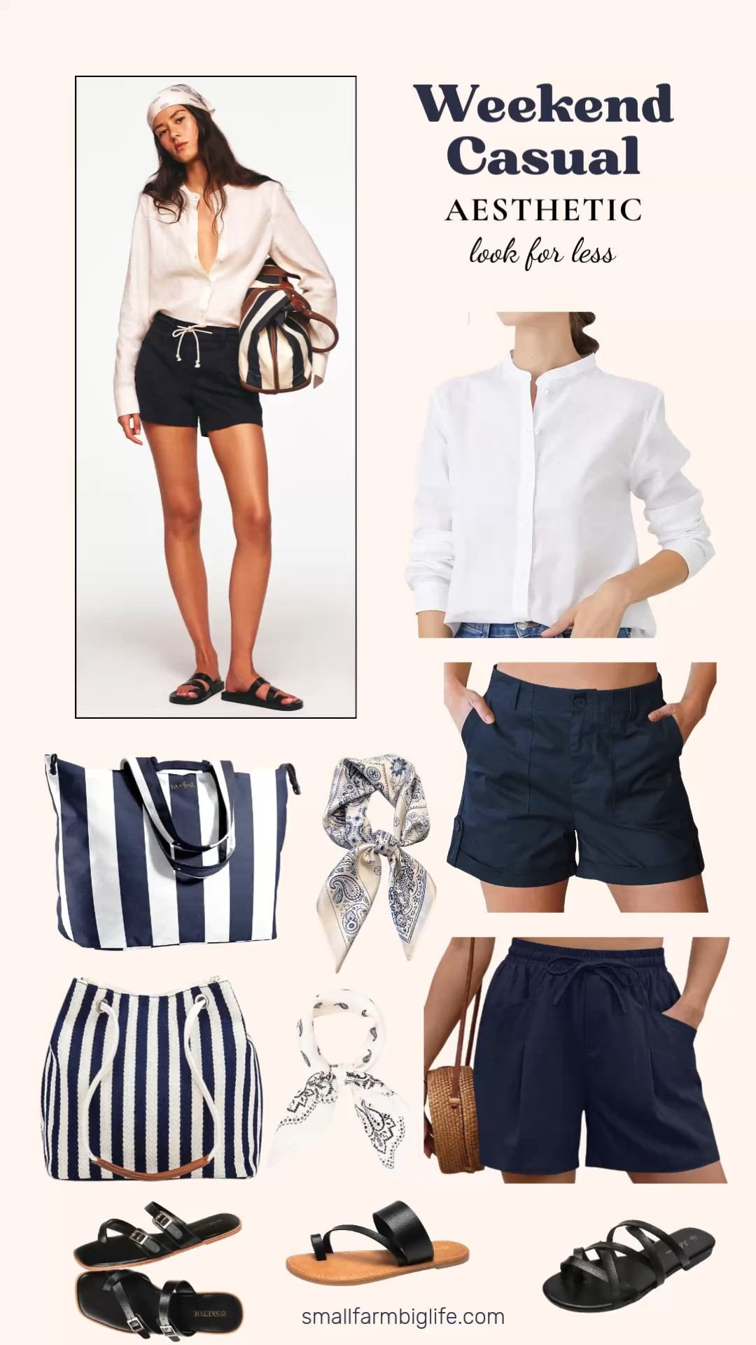 Navy and white is the ultimate summer color combination and this whole look is so easy to put together for so much less than you would expect. High waisted navy shorts in both twill and linen give you options depending on how casual or dressy you want to go, and the white mandarin collar button down shirt is such a clean and polished top that works with both. The stripe canvas totes are perfect for a beach day or farmers market and the silk satin paisley scarf tied in your hair or around the bag handle adds such a pretty finishing touch. Black strappy flat sandals keep everything grounded and effortless. Tap to shop the whole look! 

 #LTKgrwm #LTKootd #LTKOver40