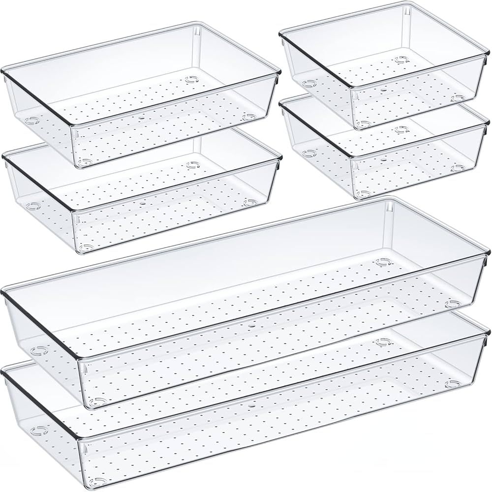 6 Pack Clear Plastic Drawer Organizer Set, Acrylic Non Slip Non Cracking Kitchen Drawer Storage T... | Amazon (US)