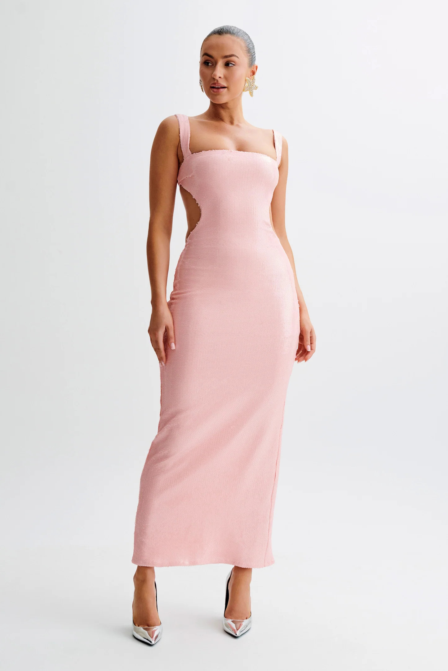 Adoria Sequin Cut Out Maxi Dress - Pale Pink | MESHKI US