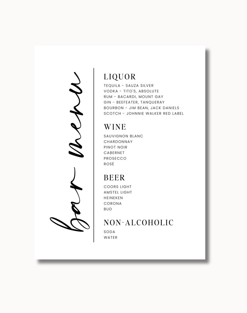 Wedding Bar Menu Sign Modern, Minimalist Wedding Bar Sign 5x7 8x10 Editable Template Canva - Etsy | Etsy (US)