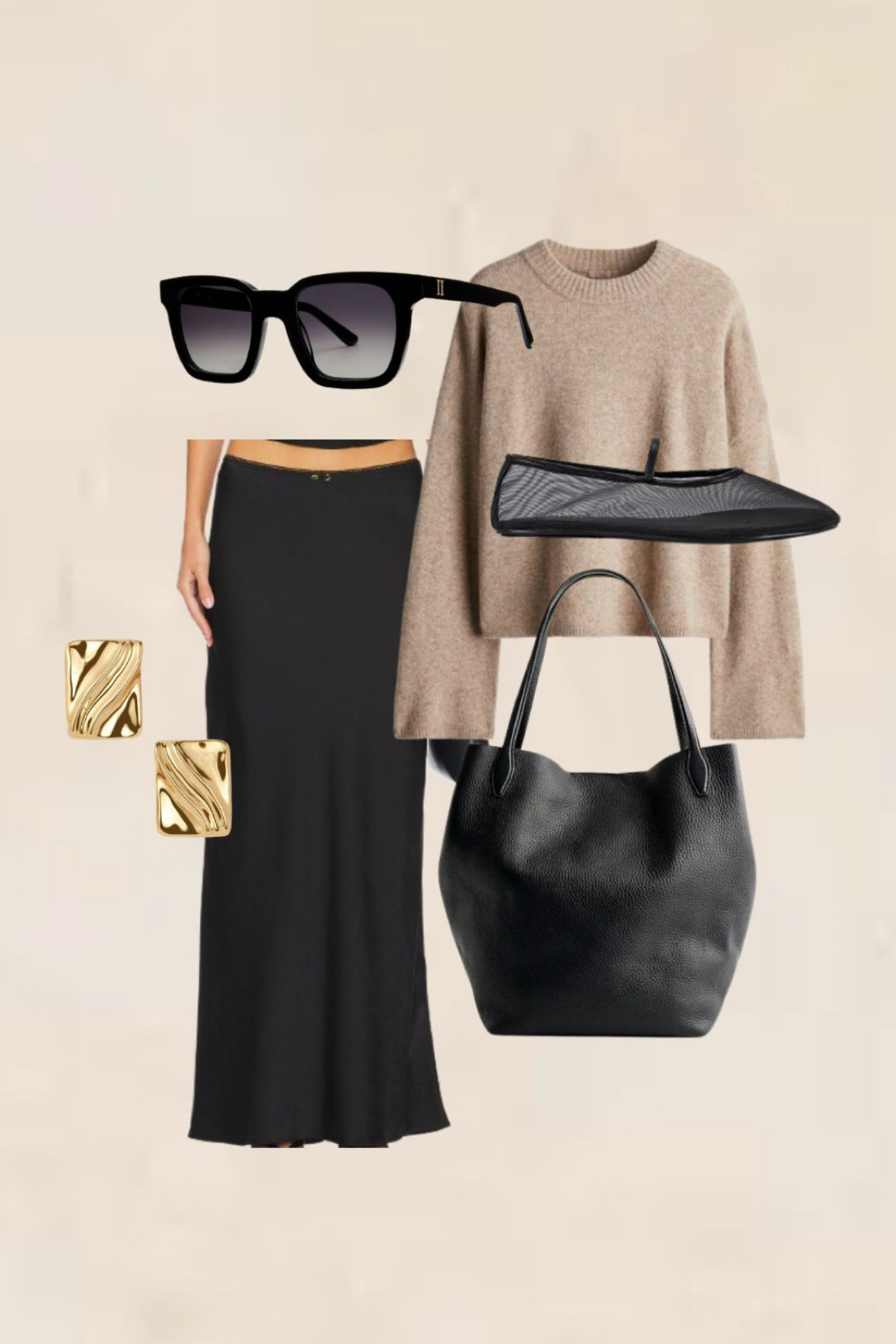 Sunglasses: style Daybreak in onyx from teuxofficial.com
Tan pullover sweater 
Black satin maxi skirt 
Black mesh ballet flats 
Black leather tote handbag
Gold chunky earrings 

Fall outfit ideas 
Madewell 
Gift guide 
Casual outfit 



#LTKGiftGuide #LTKSeasonal #LTKxMadewell