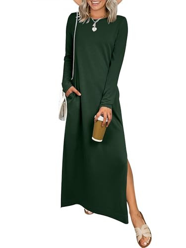 ANRABESS Women Long Sleeve Dresses 2025 Fall Casual Crewneck Loose Fit Split Flowy Wrinkle-Free Travel Vacation Maxi Dress Deep Green Small | Amazon (US)