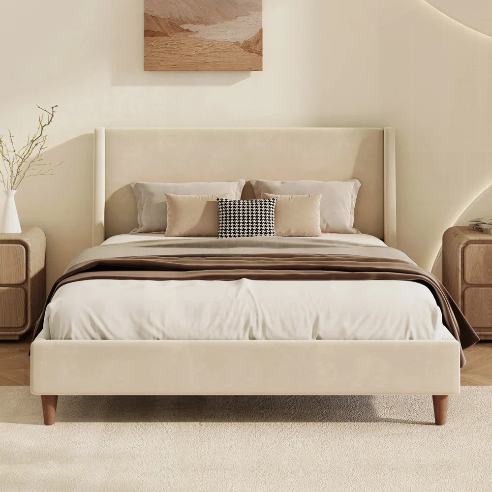 Cream Velvet Upholstered Platform Bed with Wingback Headboard and Walnut Wooden Legs | Wayfair North America