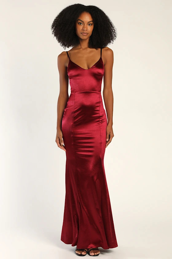 A Lot Like Love Burgundy Satin Lace-Up Mermaid Maxi Dress | Lulus (US)