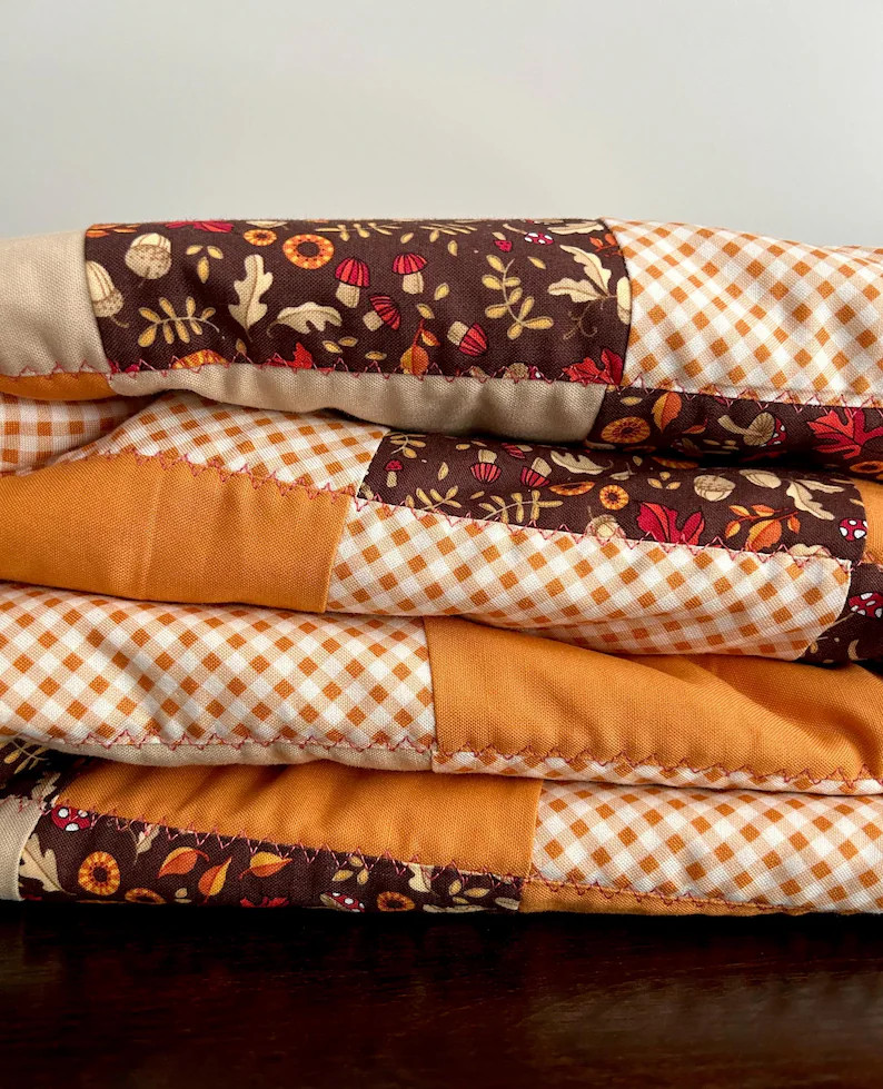 Autumn Plaid Lap Quilt - Fall Colors Leaves & Mushrooms Accent Blanket | Etsy (Global)