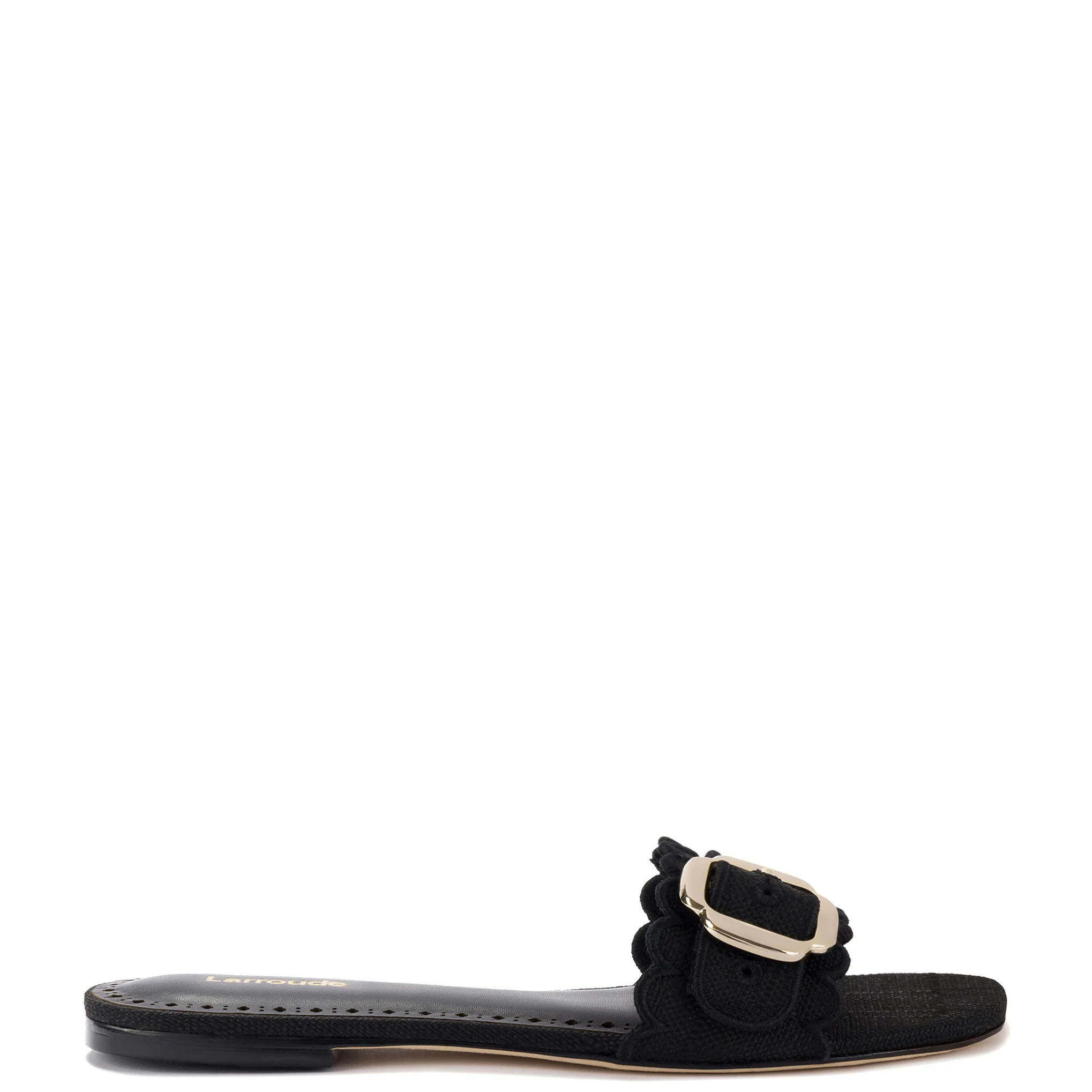 Ivy Broderie Flat Mule In Black Raffia | Larroude
