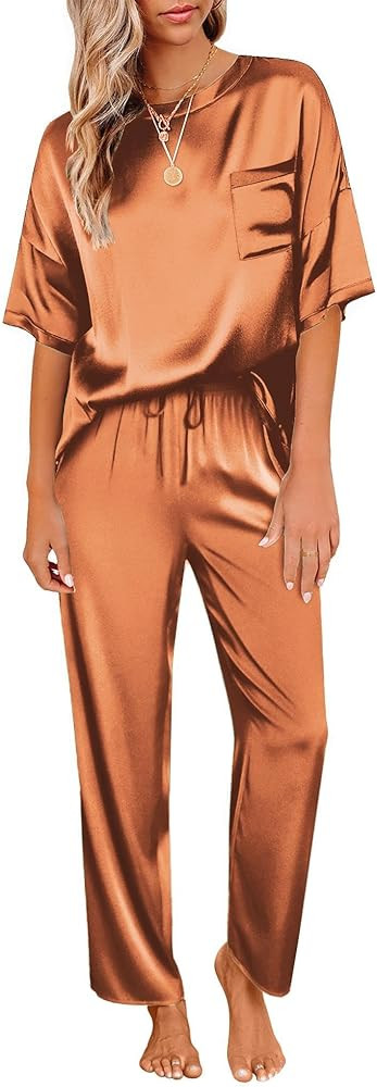 Ekouaer Womens Satin Silky Pajama Set Short Sleeve Shirt with Long Pajama Pant Set Soft PJ Lounge... | Amazon (US)