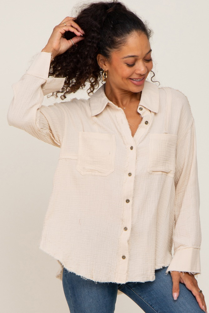 Cream Button Down Collared Frayed Top | PinkBlush Maternity