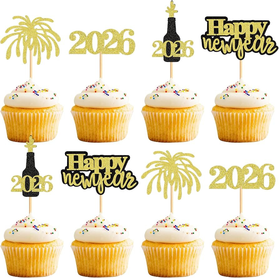 24 Pcs Glitter Happy New Year Cupcake Toppers 2026 Gold Black Cupcake topper Cheers to 2026 Cake ... | Amazon (US)