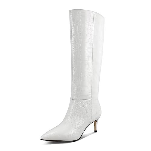 Wetkiss Knee High Boots - White Crocodile & Snake Skin, Pointed Toe, Stiletto Heel, Wide Calf | Amazon (US)