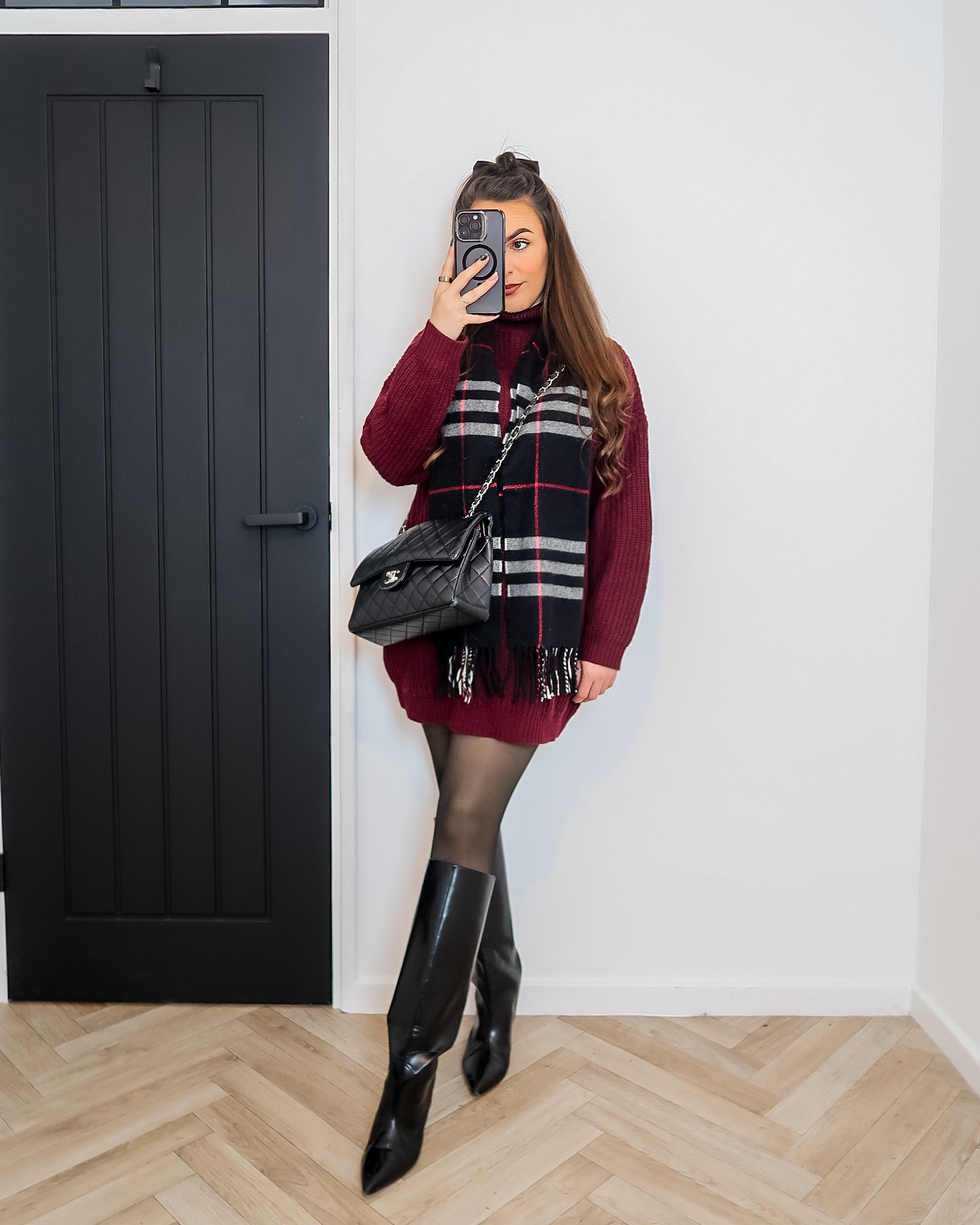 burgundy knit dress, winter outfit inspo, festive winter look, cosy chic style, tartan scarf outfit, knee high boots, Chanel crossbody bag, fleece lined tights, holiday season outfit, UK winter fashion, classic feminine style, cold weather dressing 

#LTKuk #LTKfestive #LTKwinter