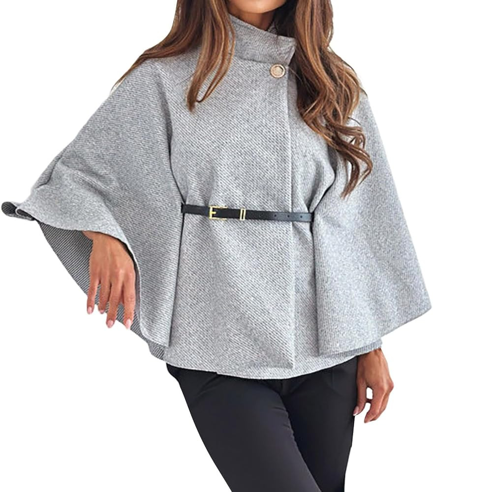 Bauzuoyo Damen Umhang Elegant Winter Poncho mit Fledermausärmeln und Gürtel Einfarbig Rollkrage... | Amazon (DE)
