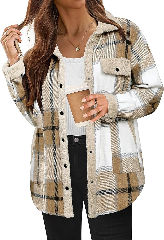 HOTOUCH Womens Flannel Plaid Shirts Jackets Long Sleeve Button Down Collared Fleece Shackets Wint... | Amazon (US)