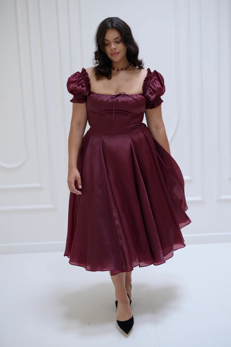 The Silk Satin Bordeaux Garden Party Dress | Selkie Collection
