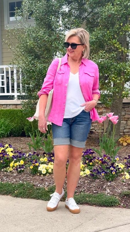 I got sunshine on a cloudy day. ☀️ Bring on the shorts weather!!! I absolutely LOVE 💗 this gorgeous linen snap shirt with the white leather sneakers. The soles that are a natural rubber are a fantastic detail. 

#ootd #outfitoftheday #casualsummeroutfits #bermudashorts #linenclothing #whitesneakers #womenover50 #50isnotold 

#LTKfindsunder100 #LTKstyletip #LTKover40