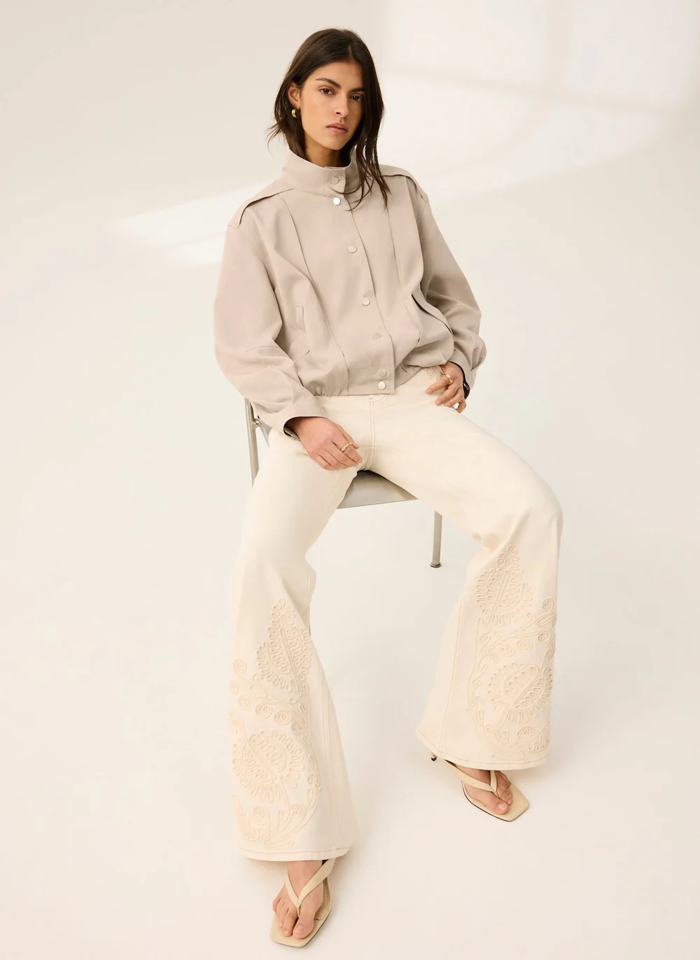 Cream Denim Embroidered Flared Jeans | Mint Velvet