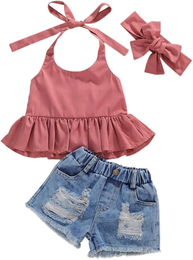 Toddler Baby Girls Ruffle Halter Crop Top Shirt+Ripped Jean Shorts Summer Outfits Clothes Sets | Amazon (US)