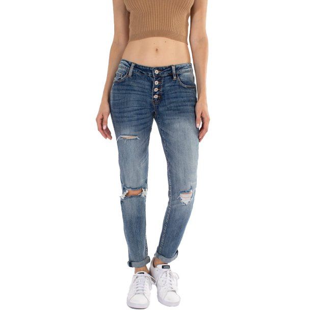 Kancan USA Women's Dark Wash Five Pocket Button Fly mid Rise Denim Jeans | Walmart (US)