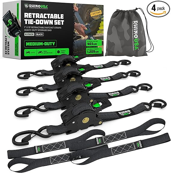 Rhino USA Retractable Ratchet Straps (4-Pack) - 1 Inch x 10 Feet (1,209lb Break Strength) - Heavy... | Amazon (US)