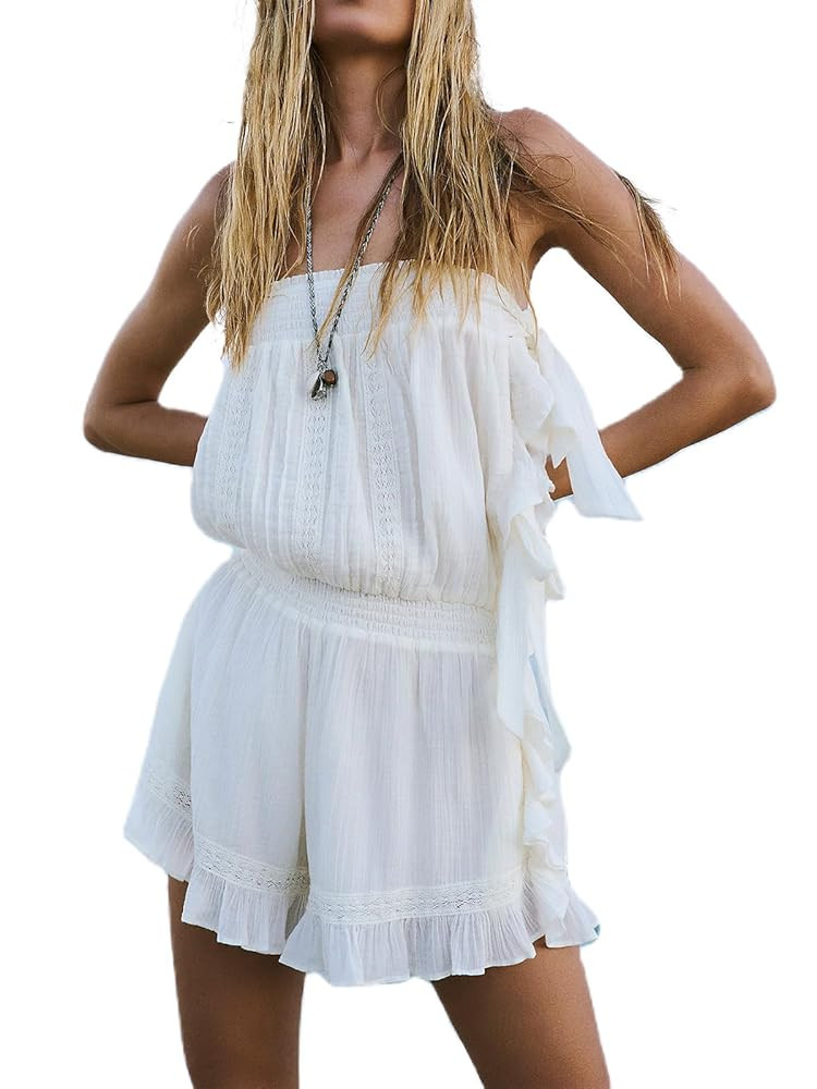 Women Summer Rompers Ruffle Chiffon Dressy Romper Shorts Sleeveless Lace Casual Jumpsuit Beach Ou... | Amazon (US)