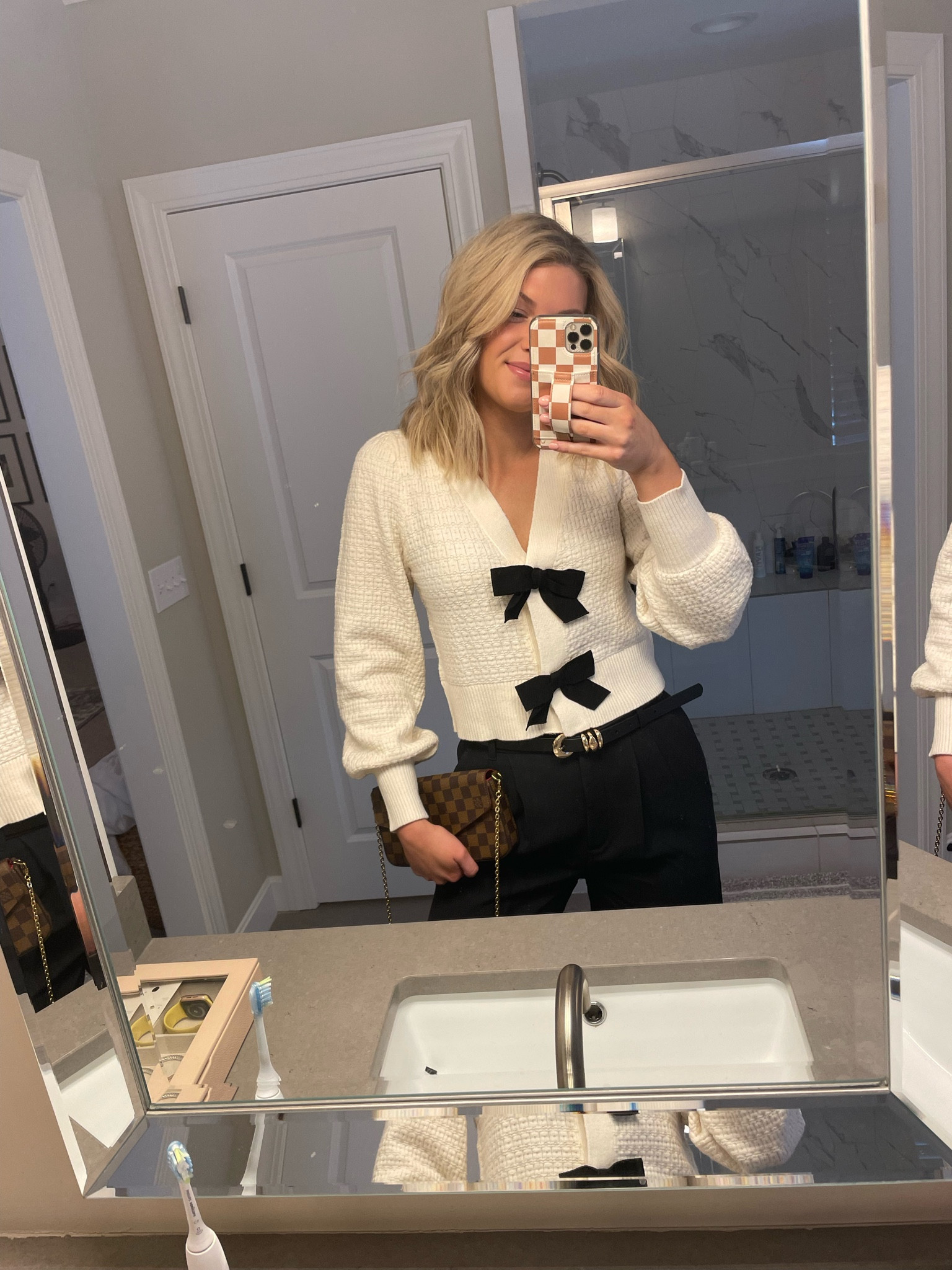 Size up one in pants. Sweater size small! 