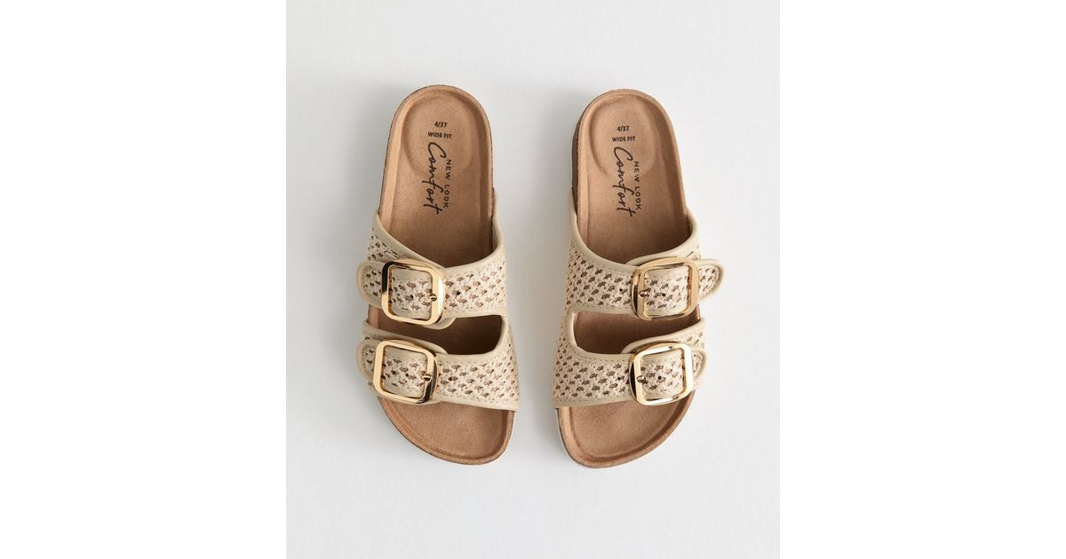 Wide Fit Cream Raffia Look Double Strap Sandals | New Look | New Look (UK)