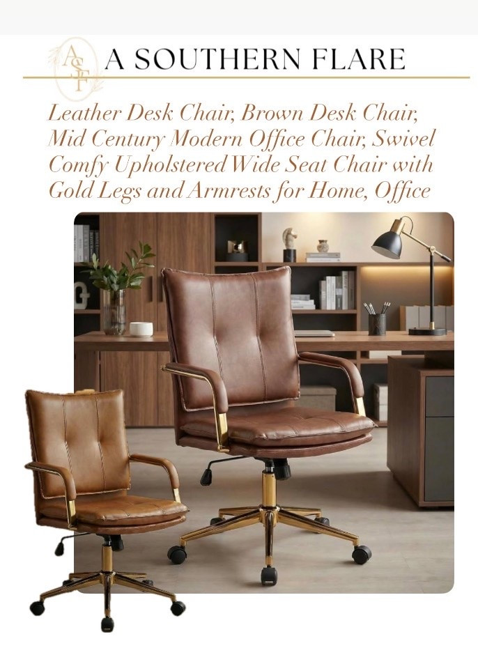Leather Desk Chair, Brown Desk Chair, Mid Century Modern Office Chair, Swivel Comfy Upholstered Wide Seat Chair with
Gold Legs and Armrests for Home, Office