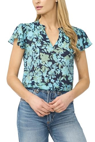 Floral Shirred Flutter Sleeve Top Classic Navy | Amazon (US)