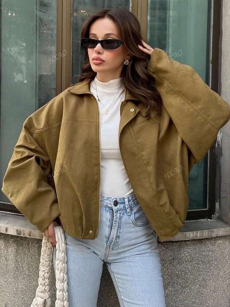 Women's Bomber Jacket Spring Coat Loose Long Sleeves Zip Vintage Jacket Ladies New Jacket Green O... | SHEIN