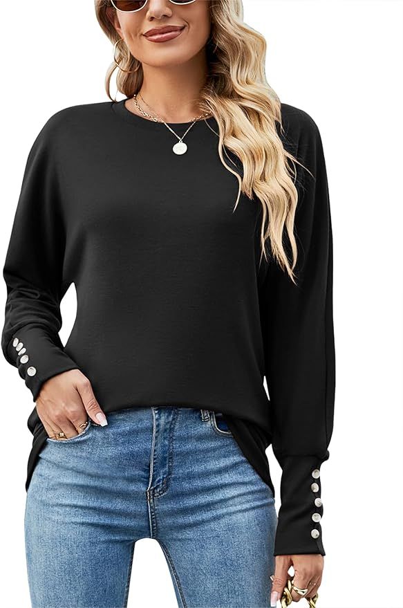 Micoson Fall Long Sleeve Crewneck Sweatshirts for Women Button Cuff Solid Color Pullover Tops Cas... | Amazon (US)