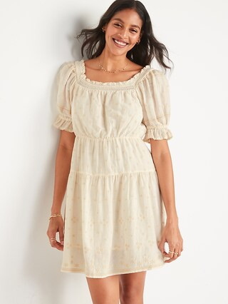 Puff-Sleeve Tiered Smocked Embroidered Mini Swing Dress for Women | Old Navy (US)