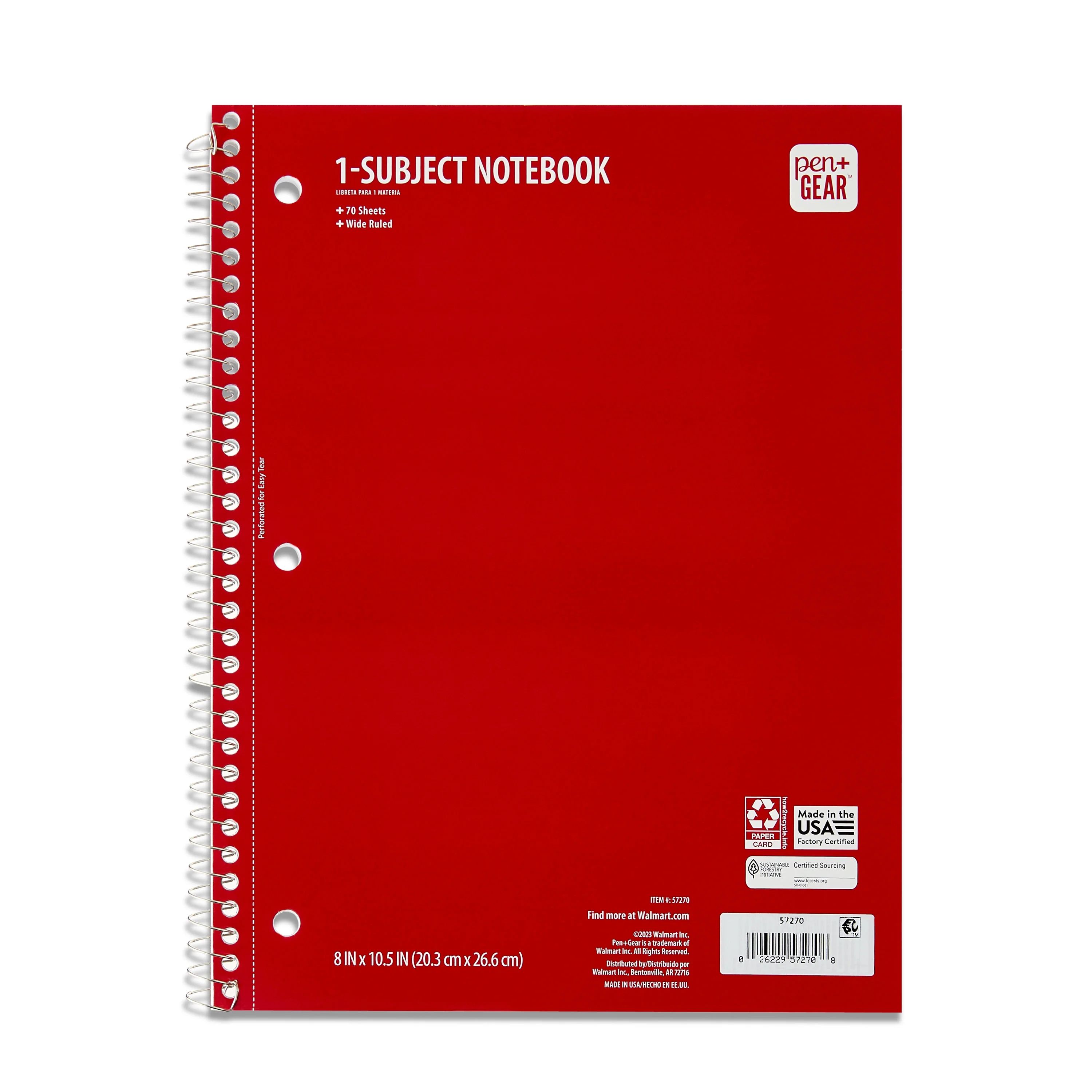 Pen+Gear Wide Ruled 1-Subject Notebook, 8" x 10.5", Red, 70 Sheets | Walmart (US)