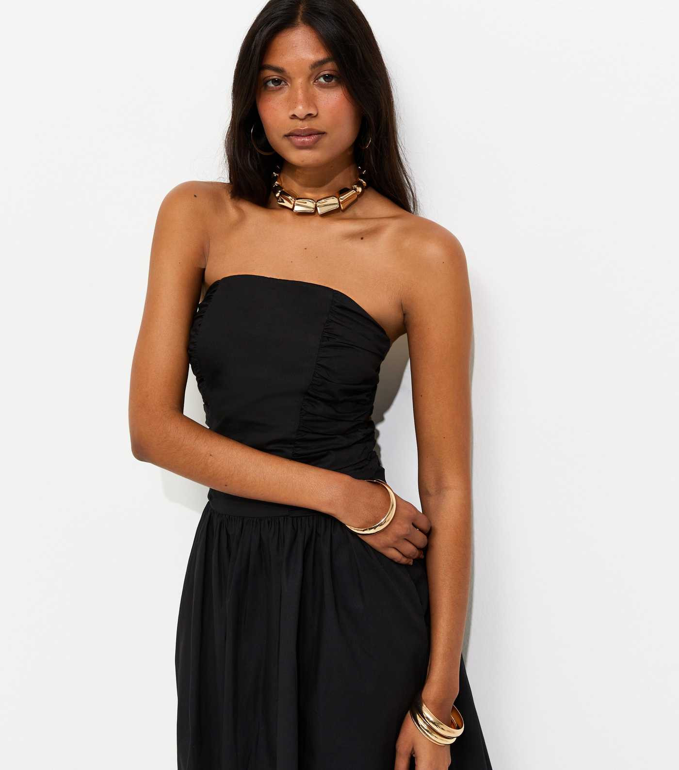 Black Cotton Ruched Bandeau Midi Dress | New Look | New Look (UK)