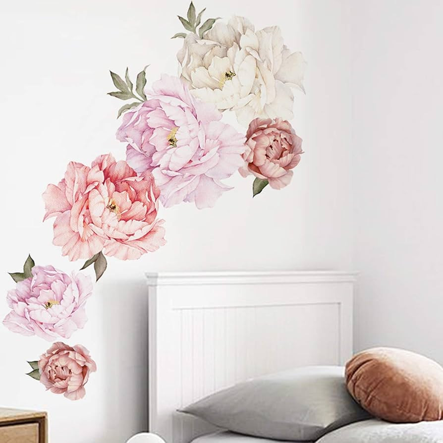 Watercolor Peony Flowers Wall Decals Floral Wall Stickers for Living Room, Delicate White & Pink ... | Amazon (US)