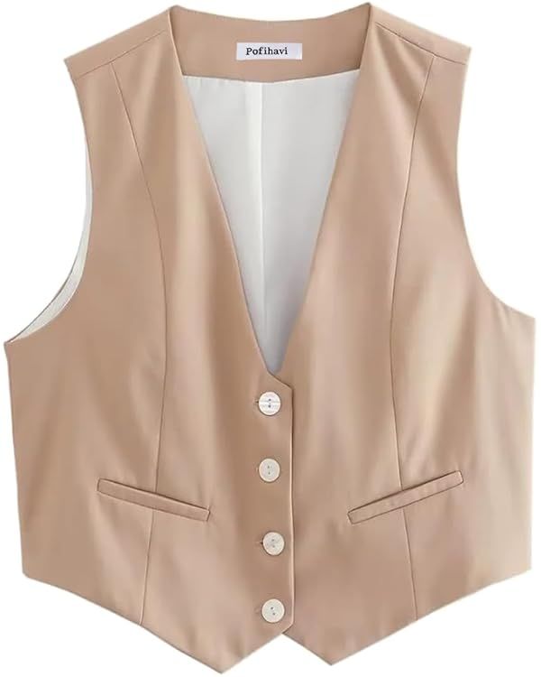 Pofihavi Cropped Suit Vest for Women 2024 Button Up Business Casual Dressy Waistcoat Vest Tops | Amazon (US)