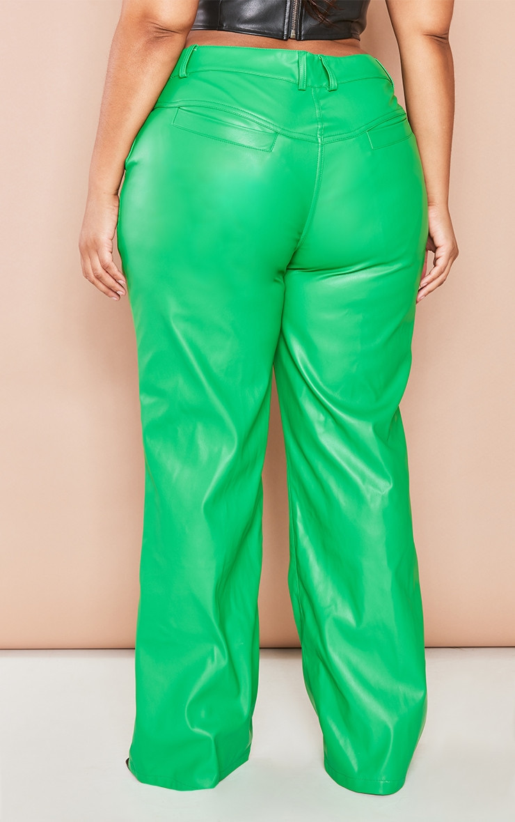 Plus Bright Green Faux Leather Seam Detail Wide Leg Pants | PrettyLittleThing US