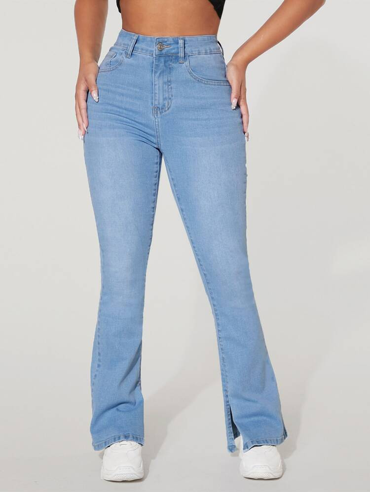 SHEIN PETITE High Waist Split Hem Flare Leg Jeans | SHEIN
