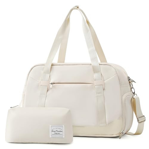 LONG VACATION Women's Travel Duffel Bag with Toiletry Bag, Sports Gym Bag Weekendeer Carry-on Tote with Shoe Compartment and Wet Pocket, Yoga Bag Fit 15.6inch Laptop (APRICOT WHITE, 18-inch) | Amazon (US)
