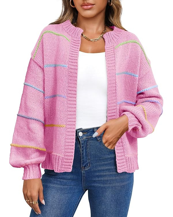 Saodimallsu Womens Color Block Cardigan Sweater Striped Open Front 2024 Fall Chunky Trendy Knit L... | Amazon (US)