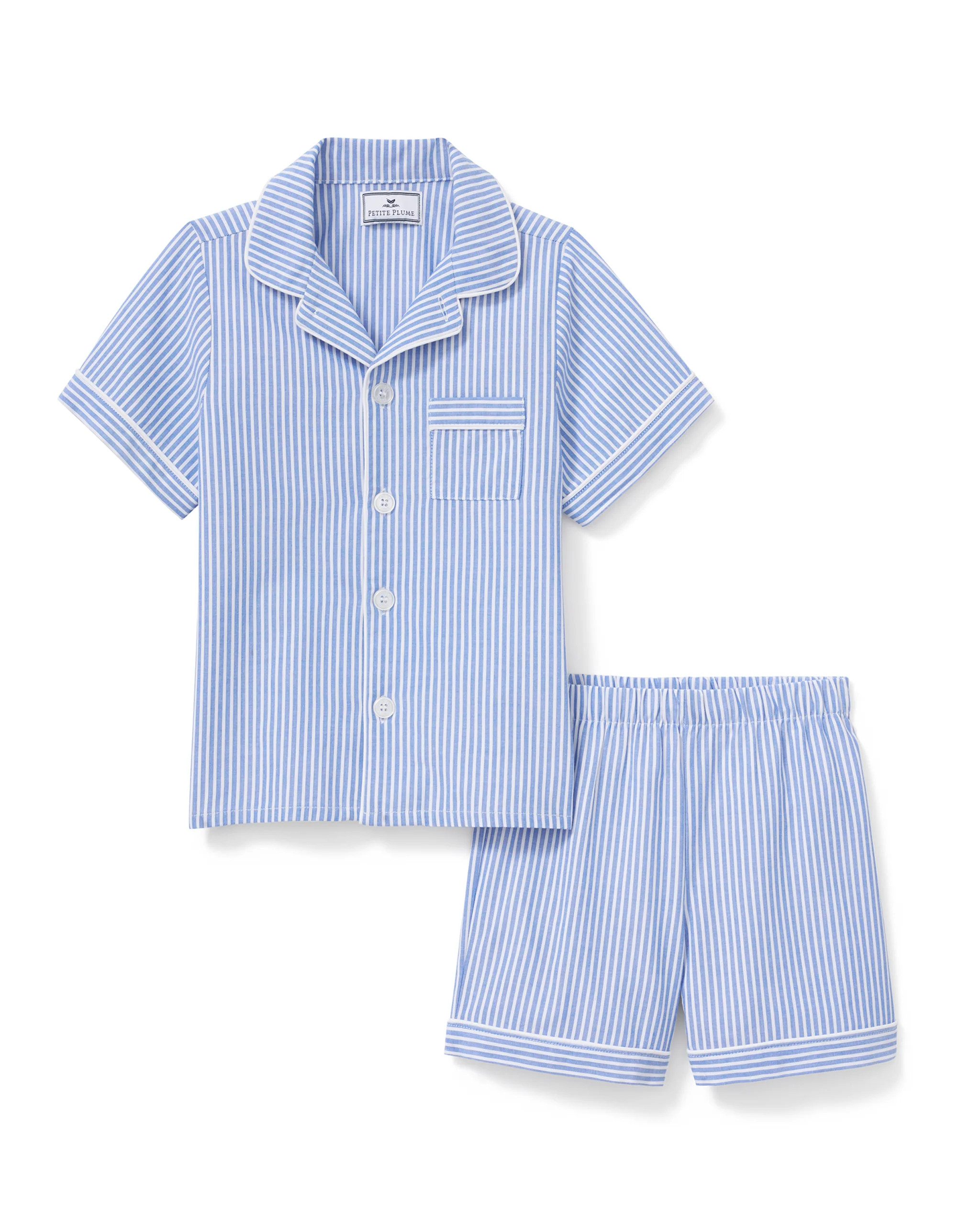 Kid's Twill Pajama Short Set in French Blue Heritage Stripe | Petite Plume
