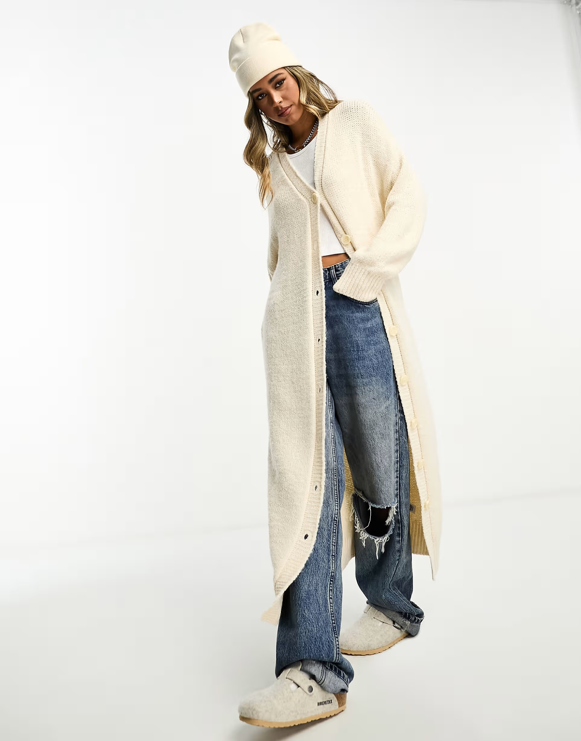 ASOS DESIGN chunky button through maxi cardigan in cream | ASOS (Global)