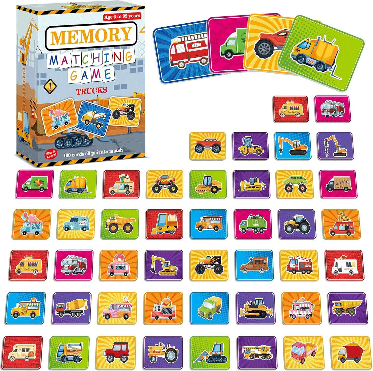 100 PCS Memory Matching Game Trucks Concentration Memory Card Games for Kids Preschool Educational Ages 3-8 A Fun & Fast Vehicle Theme Matching Games | Amazon (US)