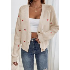 Heart Embroidery Button-Front Ribbed Knit Cardigan in Ivory | Chicwish