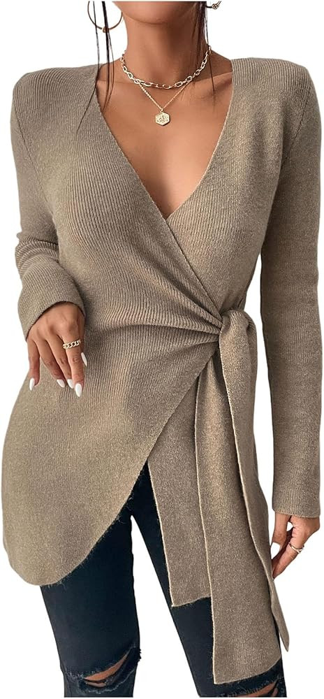 SOLY HUX Women's V Neck Wrap Tie Side Sweater Long Sleeve Knit Pullover Tops Fall Clothes | Amazon (US)