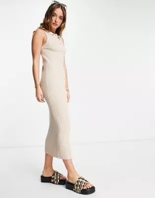 ASOS DESIGN knitted midi dress with collar and button through in cream | ASOS (Global)
