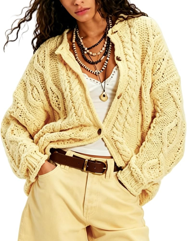 Womens Cable Knit Cardigan Oversized Button Down Knit Sweater Casual Loose Long Sleeve Open Front Top | Amazon (US)
