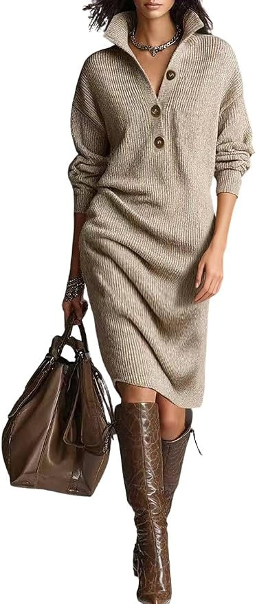 chouyatou Women's Fall Ribbed Knit Sweater Dresses Button Up Polo Collar Long Sleeve Knitted Midi... | Amazon (US)